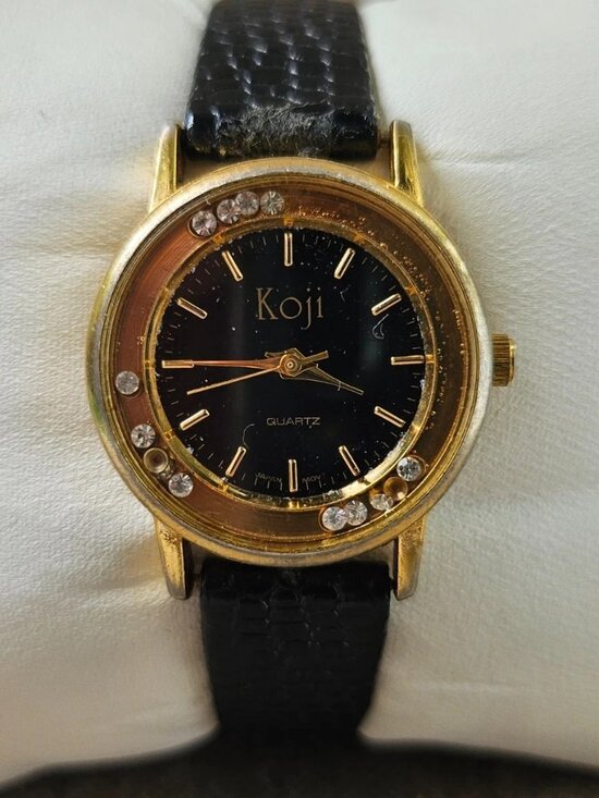 Vintage Koji Women Wristwatch Gold Tone Case Black Genuine Leather Strap Watch main image 6
